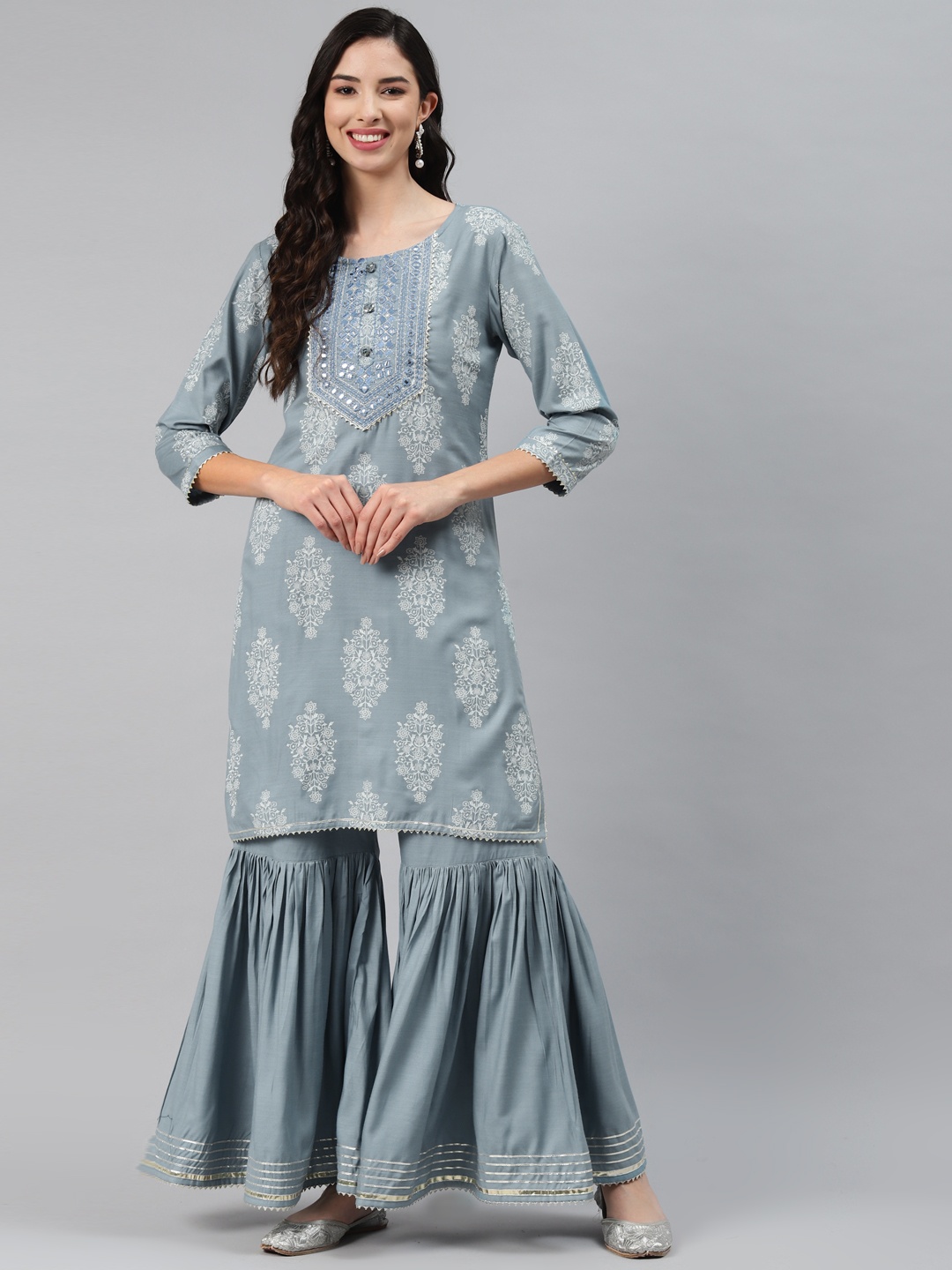 

Silai Bunai Women Grey Ethnic Motifs Printed Regular Gotta Patti Kurta with Sharara