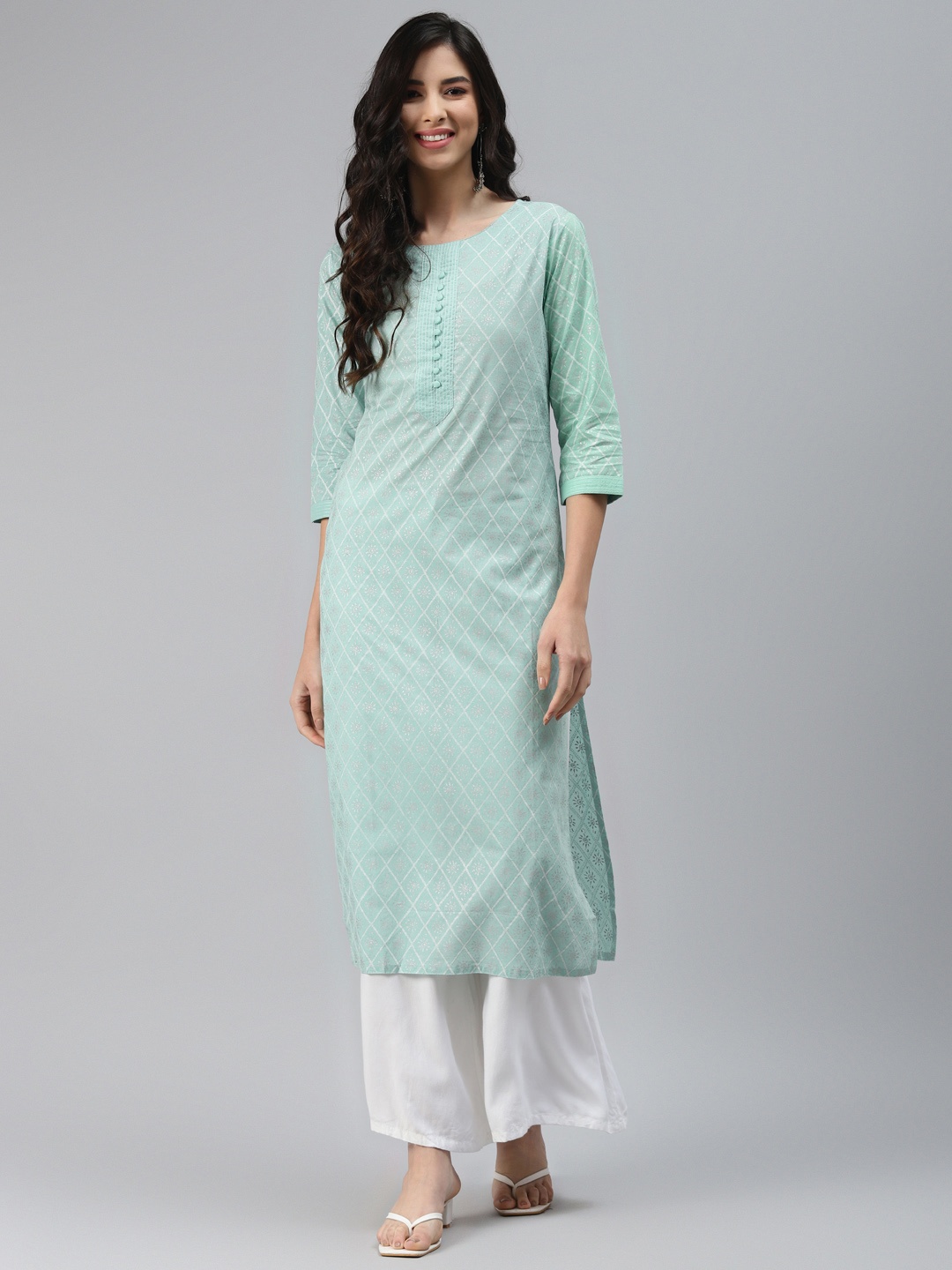 

Silai Bunai Women Blue & Silver-Toned Printed Kurta