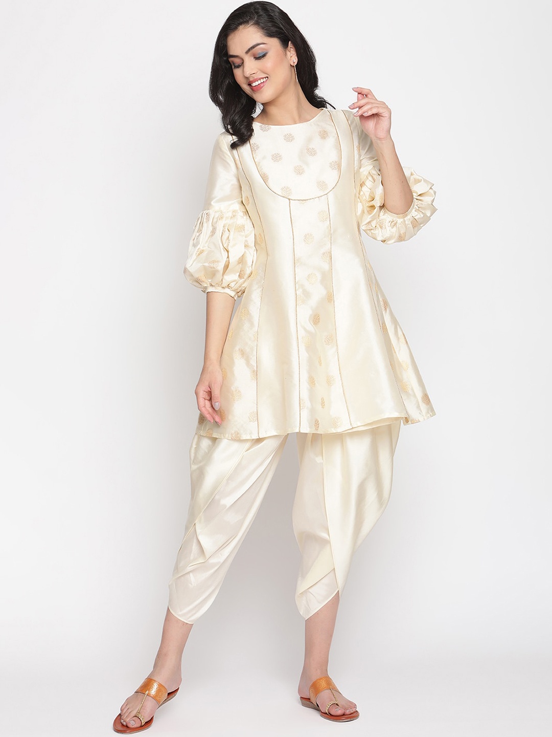 

Abhishti Yoke Design Panelled Banarasi A-Line Kurti, Cream