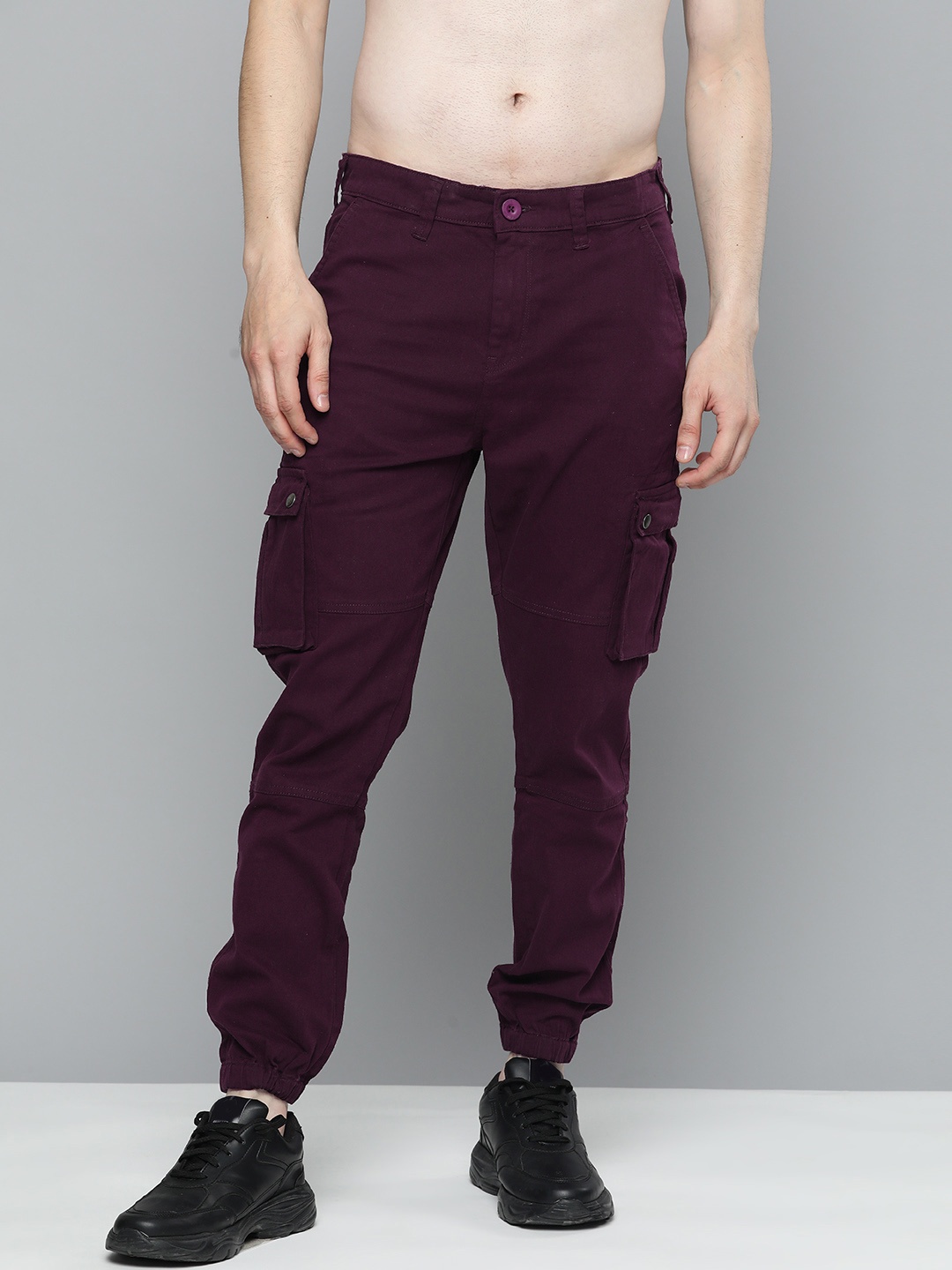 

HERE&NOW Men Slim Fit Knitted Cargo Joggers, Purple