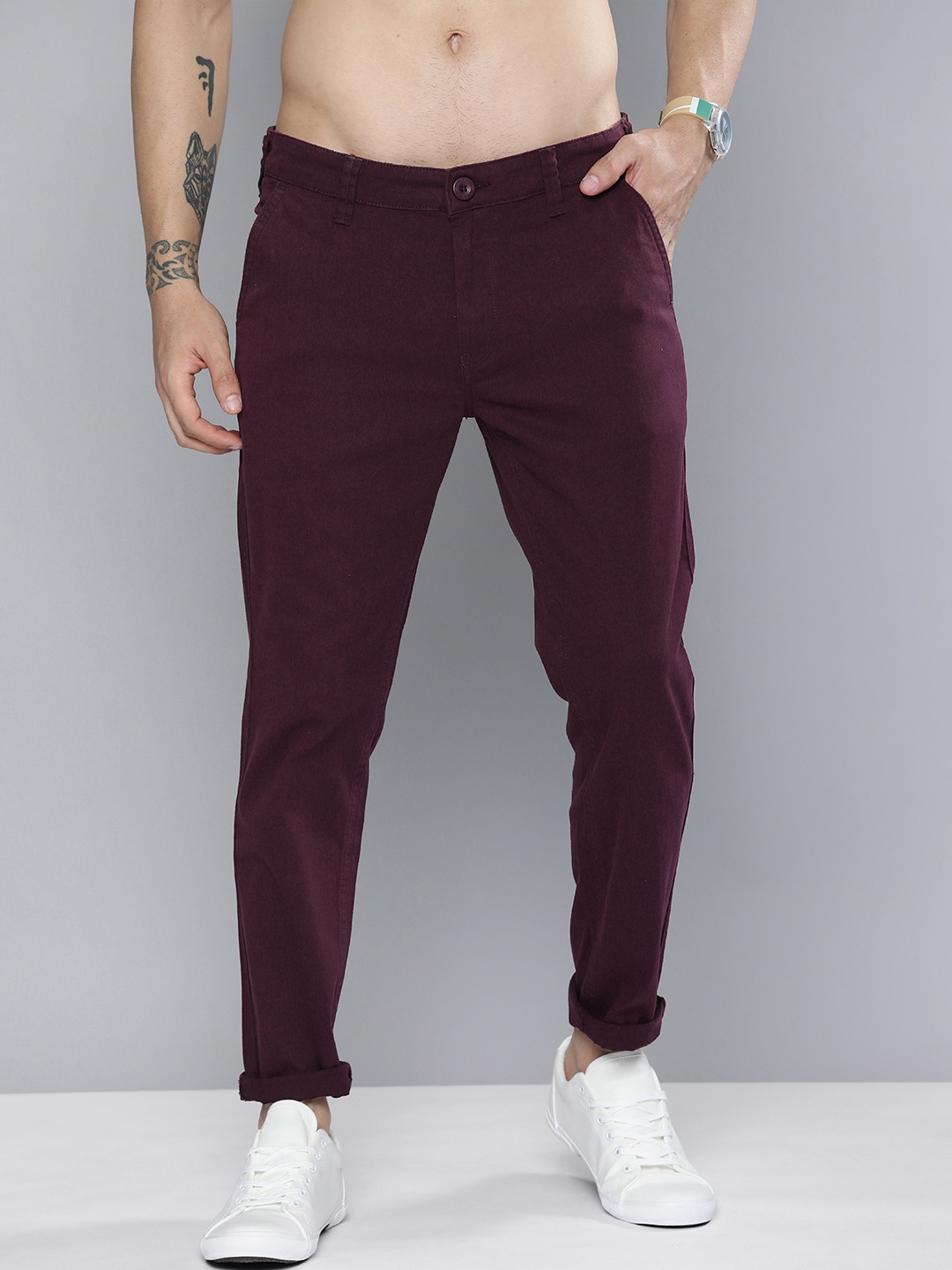 

HERE&NOW Men Dark Purple Solid Slim Fit Mid-Rise Regular Trousers