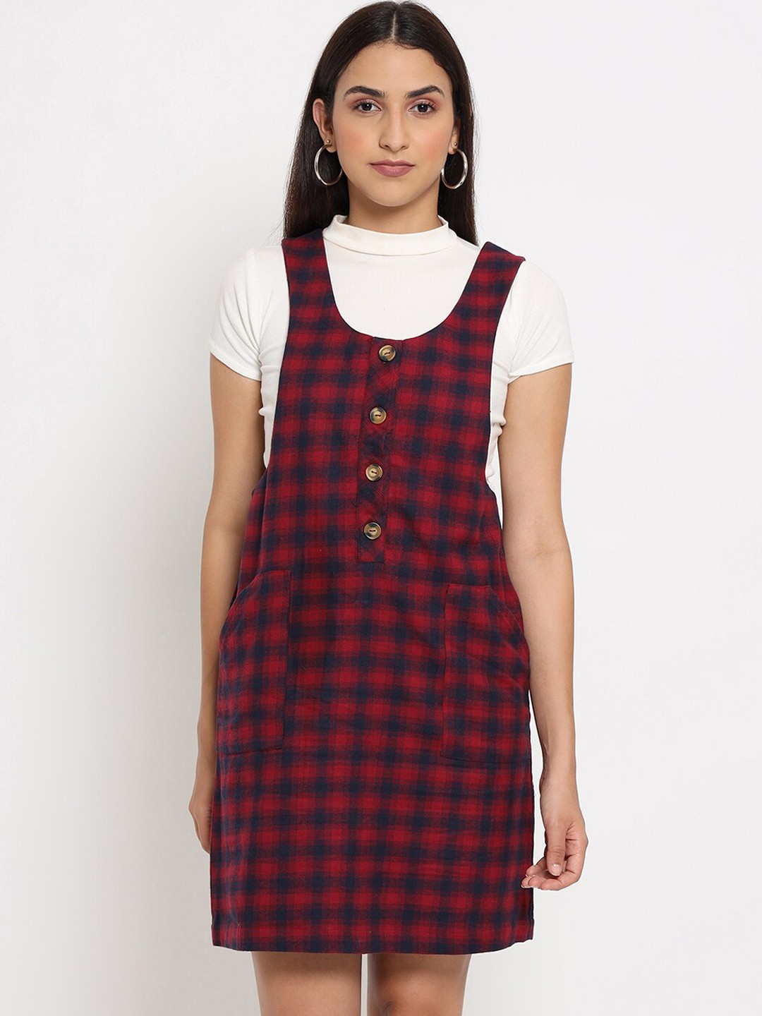 

MARC LOUIS Red & Navy Blue Checked Pinafore Dress
