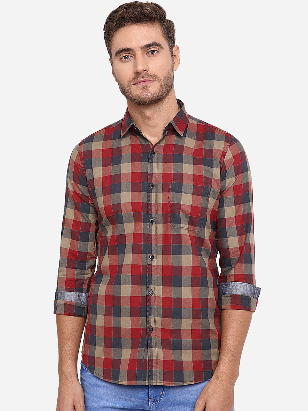 

JADE BLUE Men Pure Cotton Red Slim Fit Checked Casual Shirt