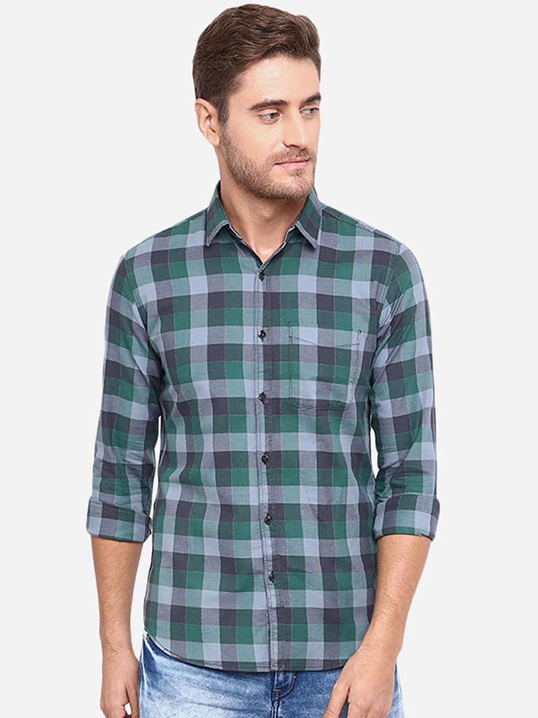 

JADE BLUE Men Green Slim Fit Opaque Checked Casual Shirt