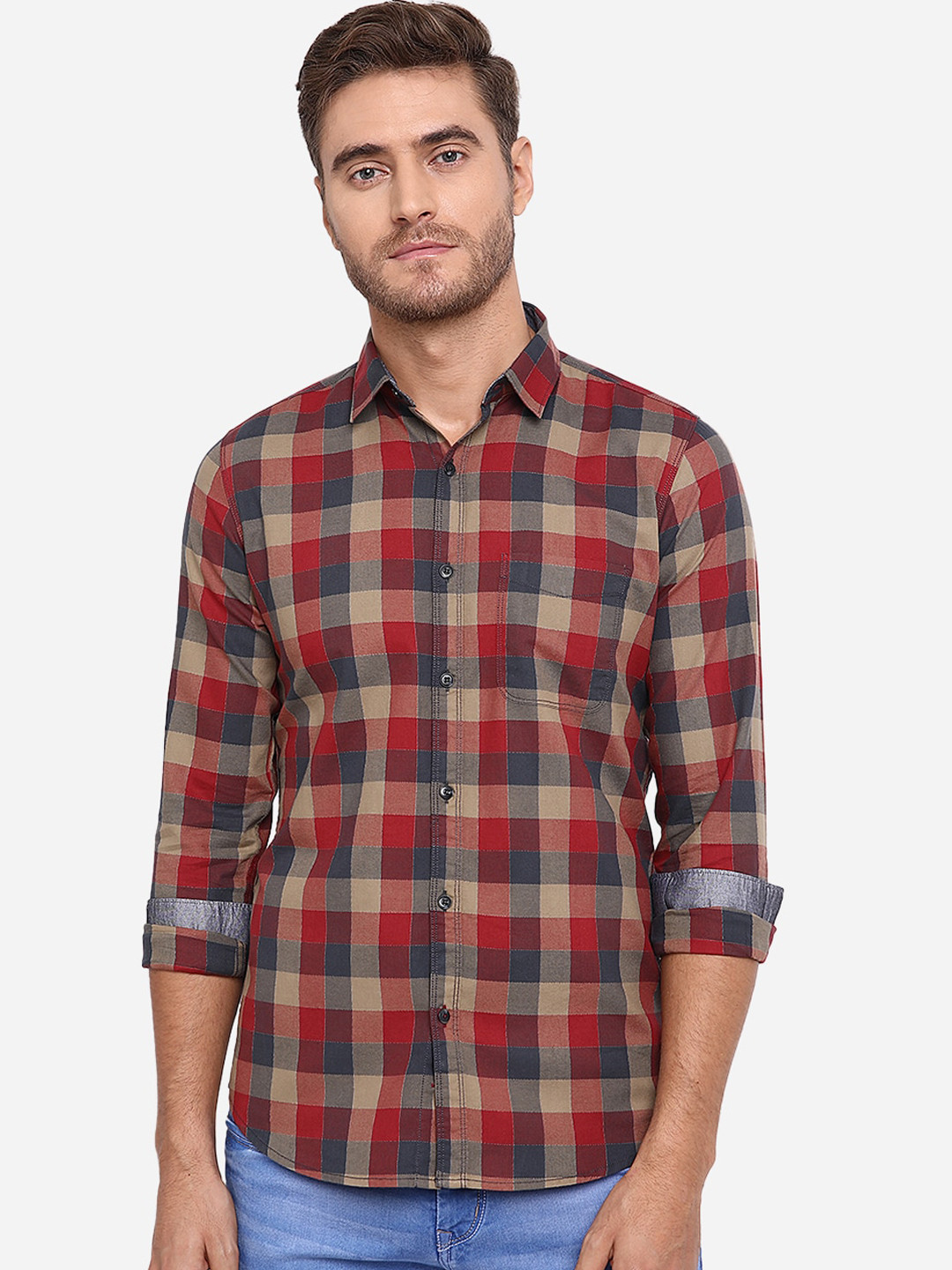 

JADE BLUE Men Pure Cotton Red Slim Fit Checked Casual Shirt