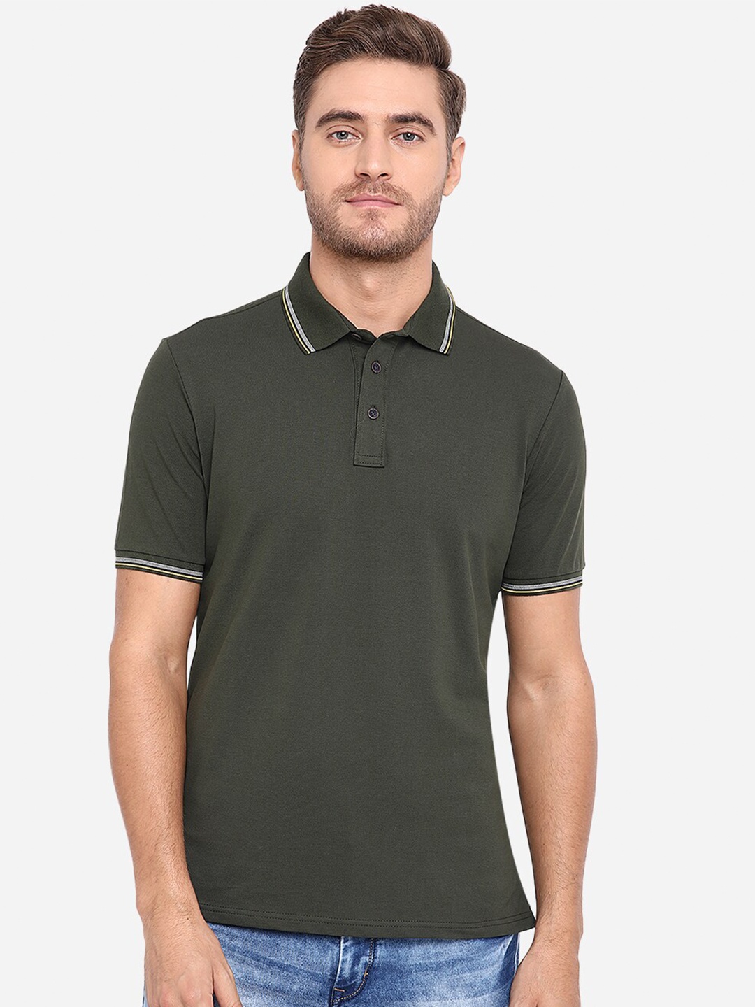 

JADE BLUE Men Olive Green Polo Collar Slim Fit Pure Cotton T-shirt