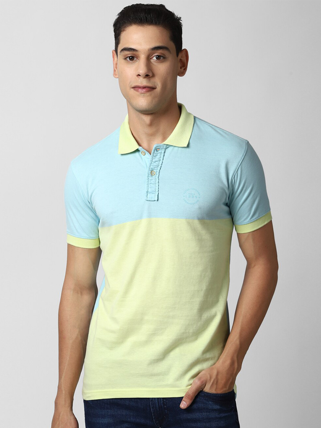 

Peter England Casuals Men Yellow & Teal Polo Collar T-shirt