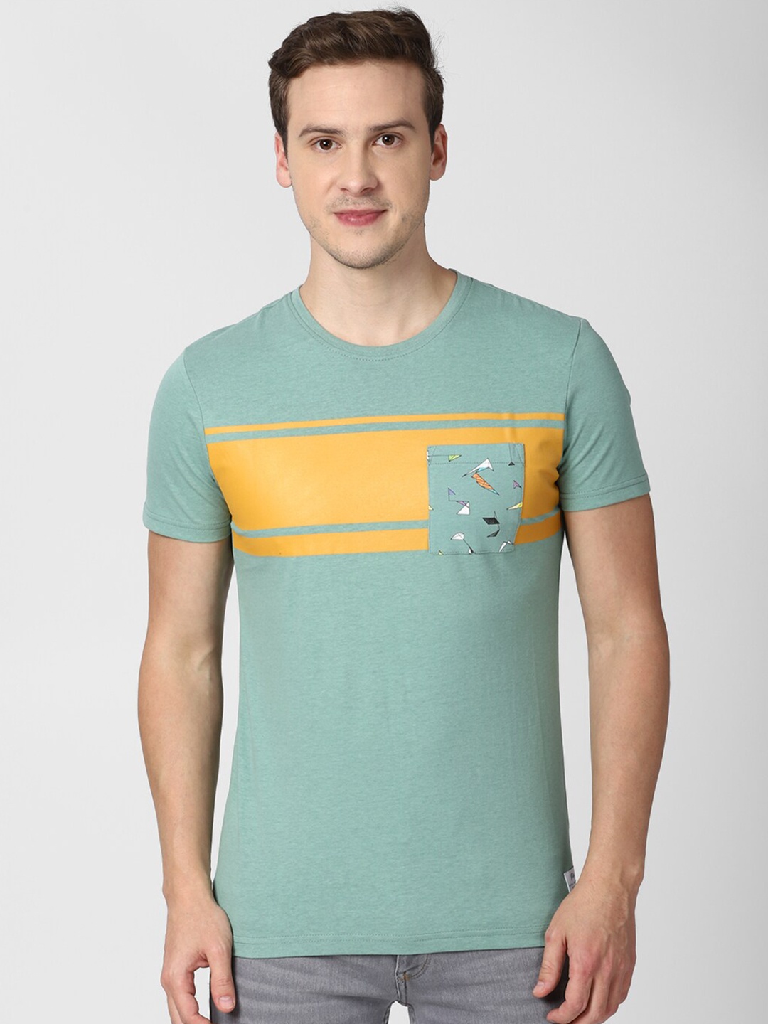 

Peter England Casuals Men Green & Yellow Colourblocked T-shirt