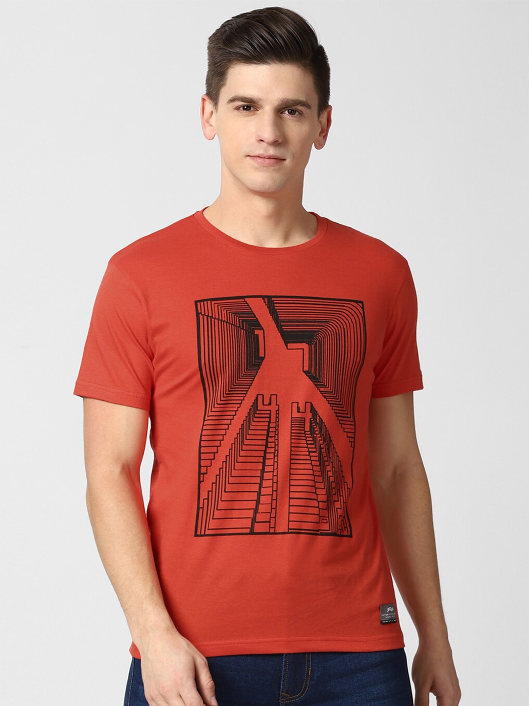 

Peter England Casuals Men Orange & Black Printed T-shirt