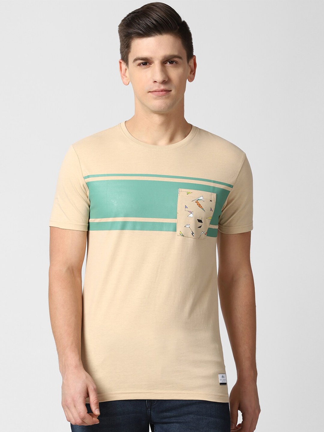 

Peter England Casuals Men Beige & Blue Striped Pockets T-shirt
