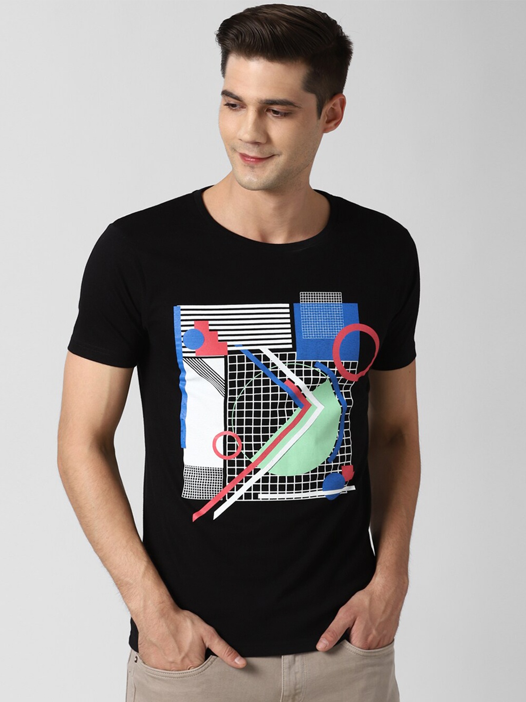 Peter England Casuals Men Black & Blue Printed Round Neck T-shirt