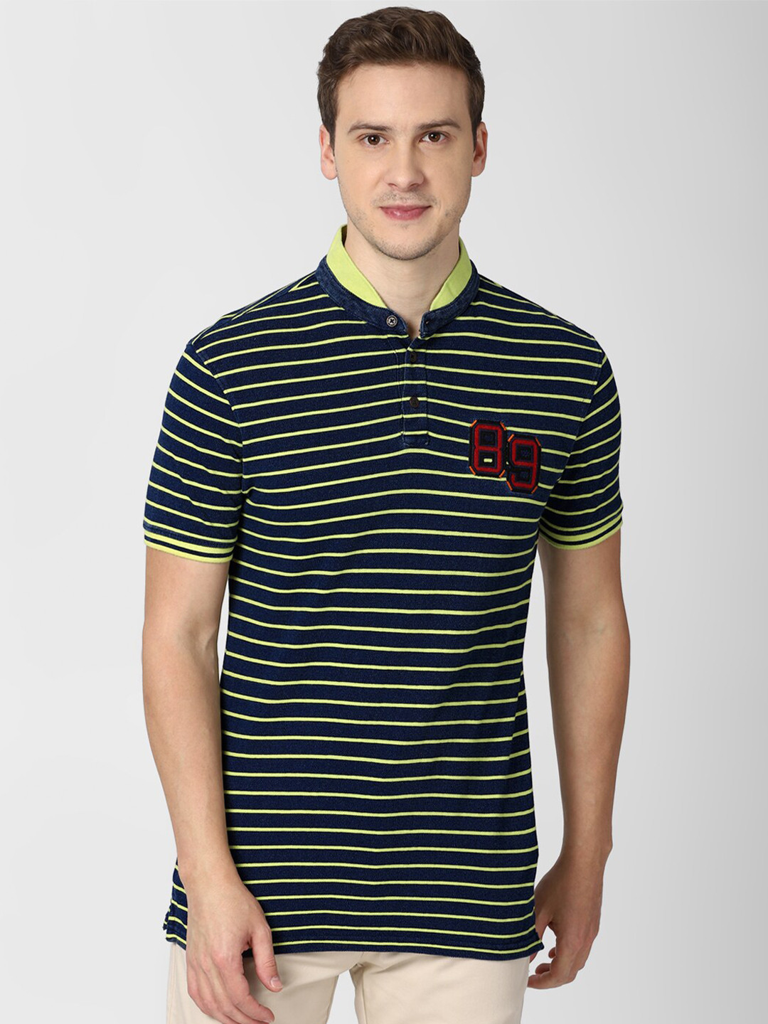 

Peter England Casuals Men Navy Blue Striped Mandarin Collar T-shirt