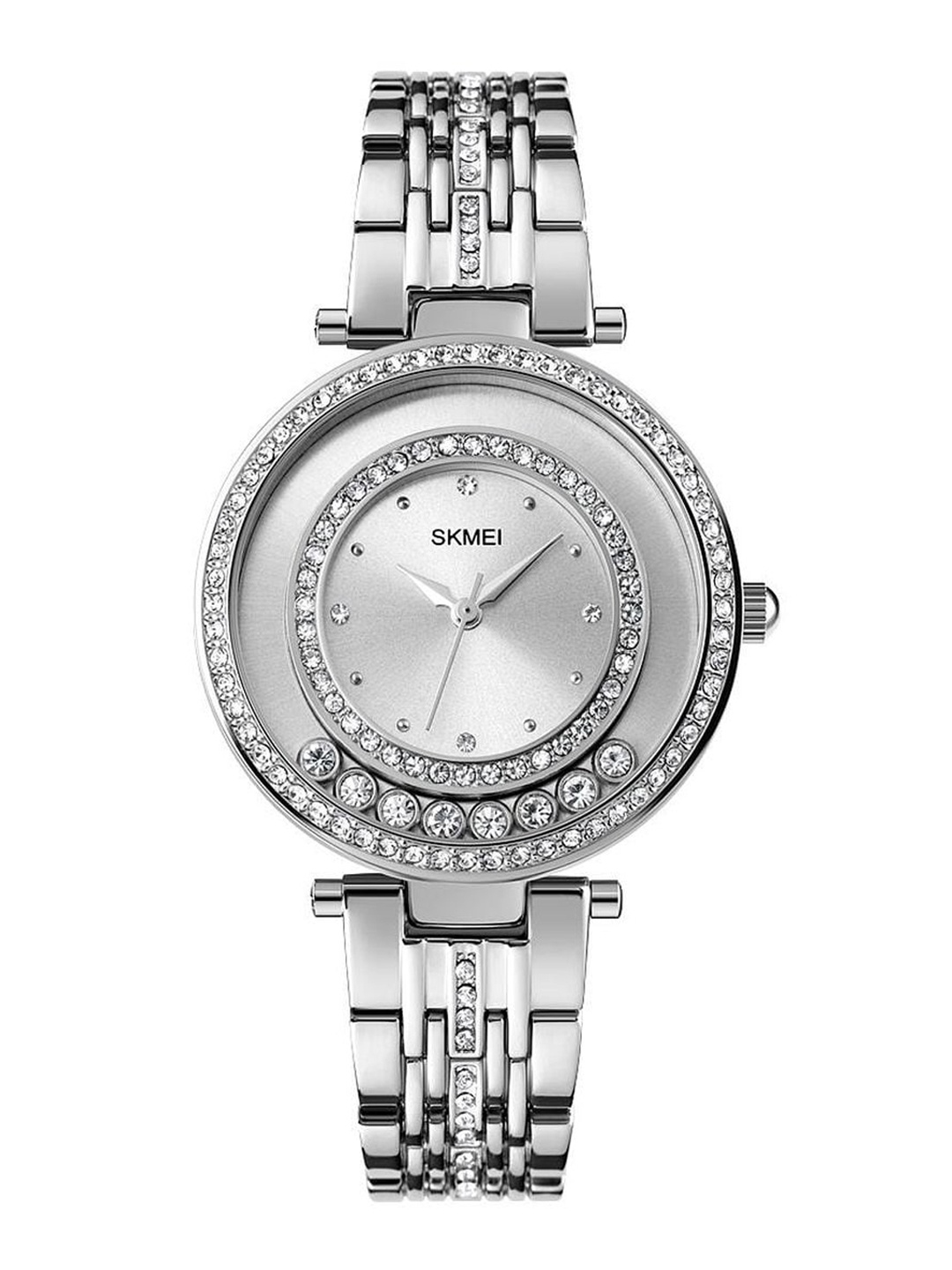 

Skmei Women Silver-Toned Embellished Dial & Silver Toned Stainless Steel Bracelet Style Straps Analogue Watch