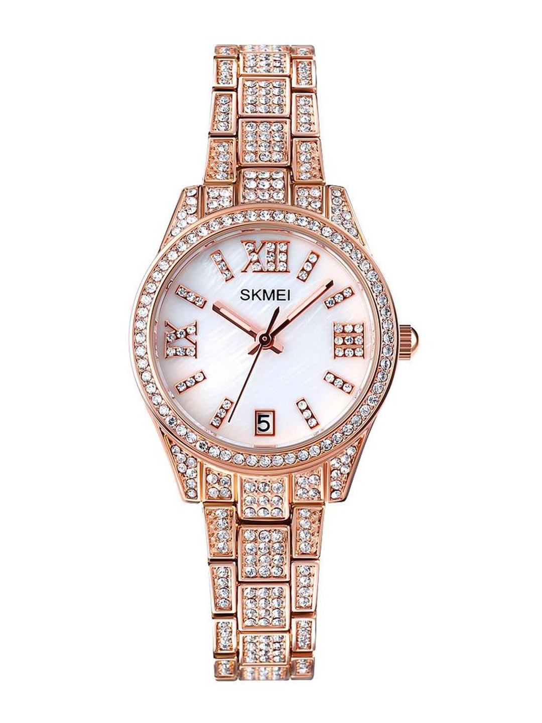 

Skmei Women White Embellished Dial & Rose Gold Toned Stainless Steel Embellished Straps Analogue Watch, Off white