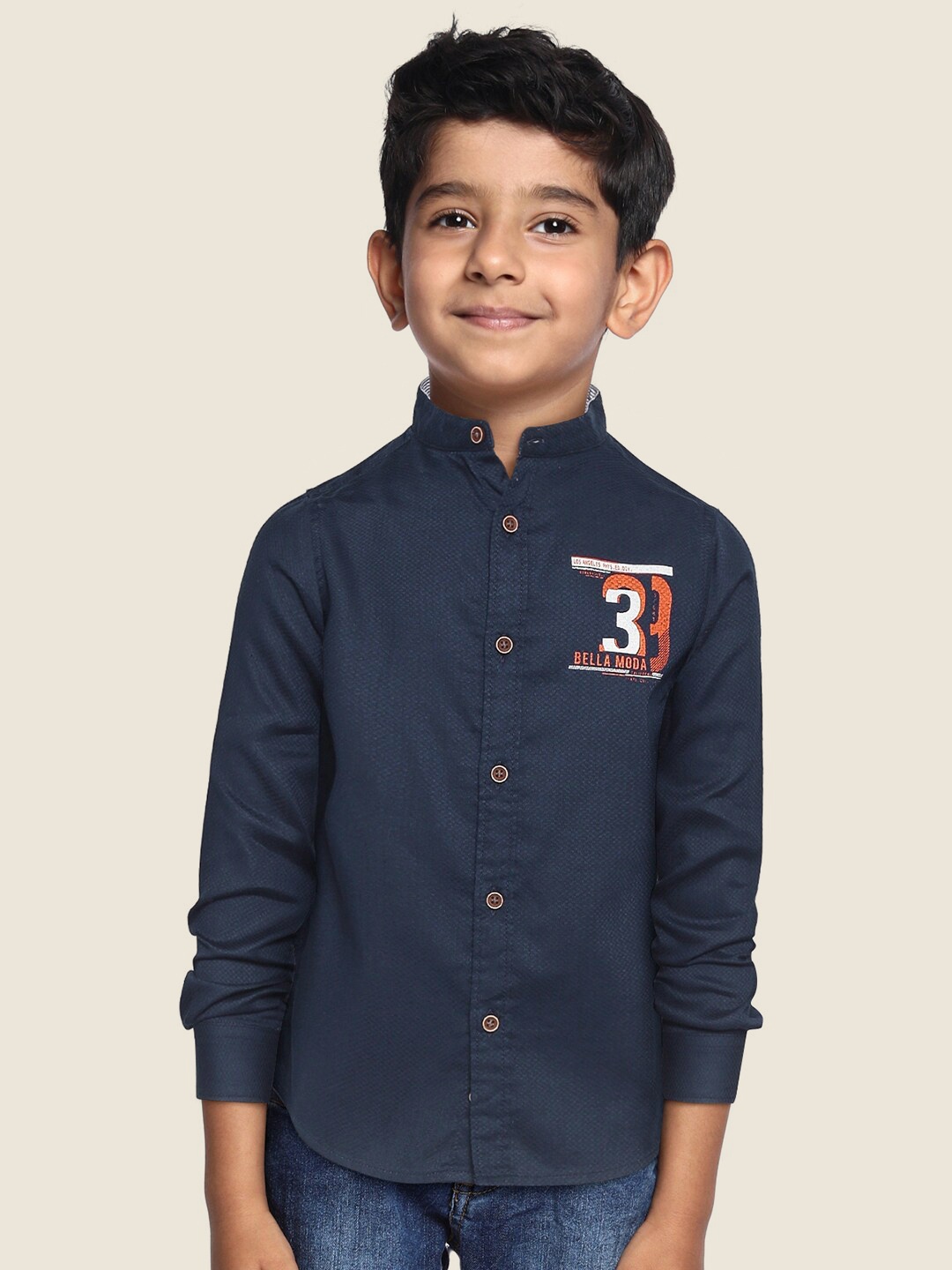 

Bella Moda Boys Navy Blue Opaque Printed Casual Shirt