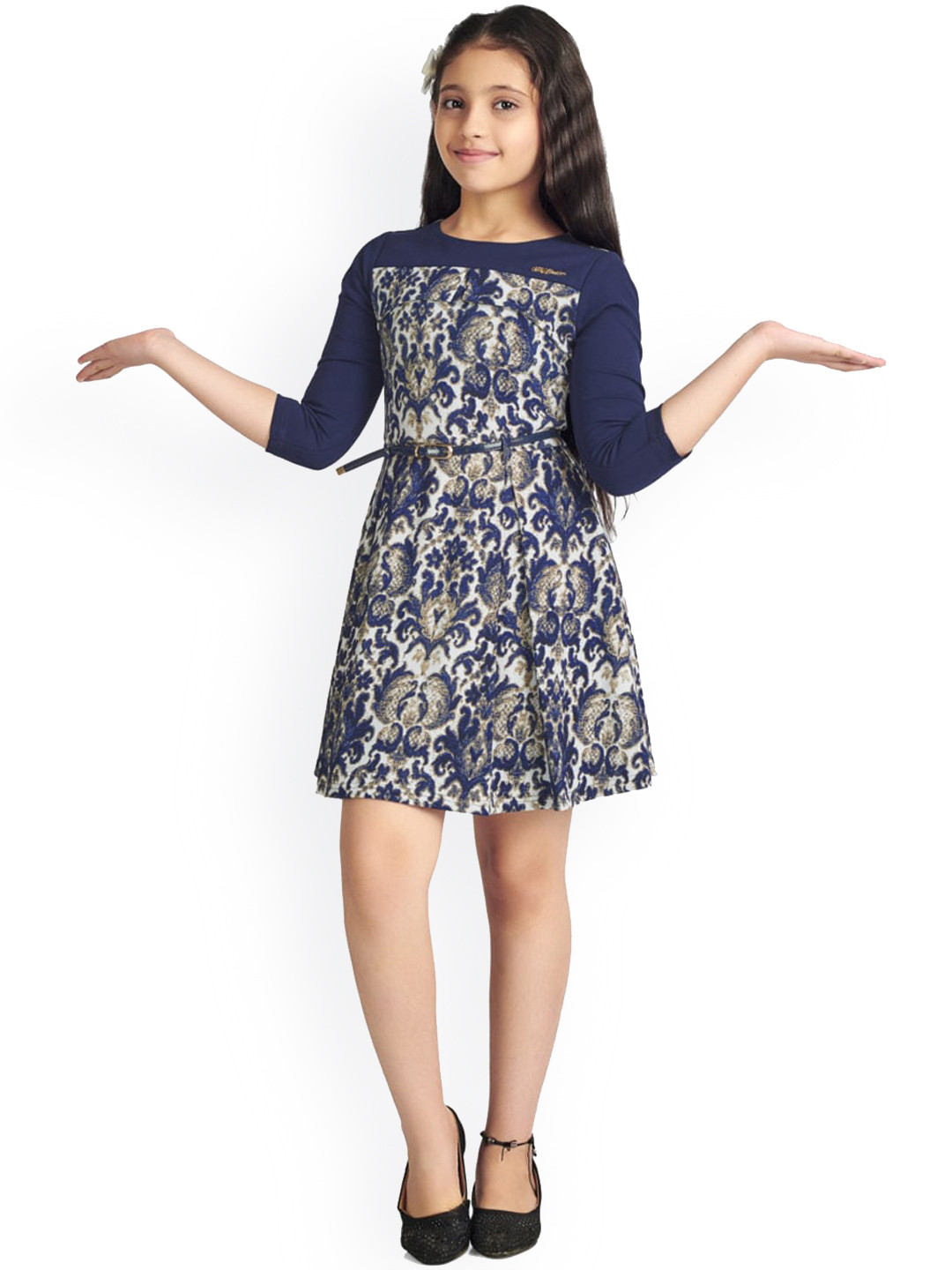 

Tiny Girl Girls Blue & White Printed Belted A-Line Dress