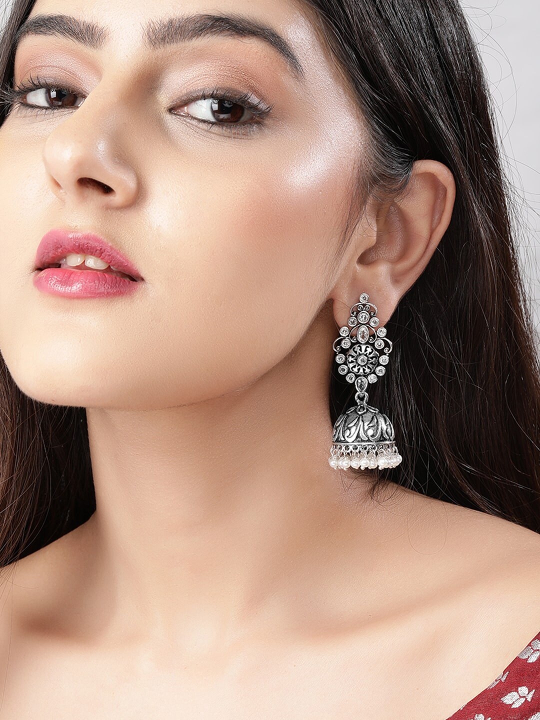

Rubans Silver-Toned Dome Shaped Jhumkas Earrings