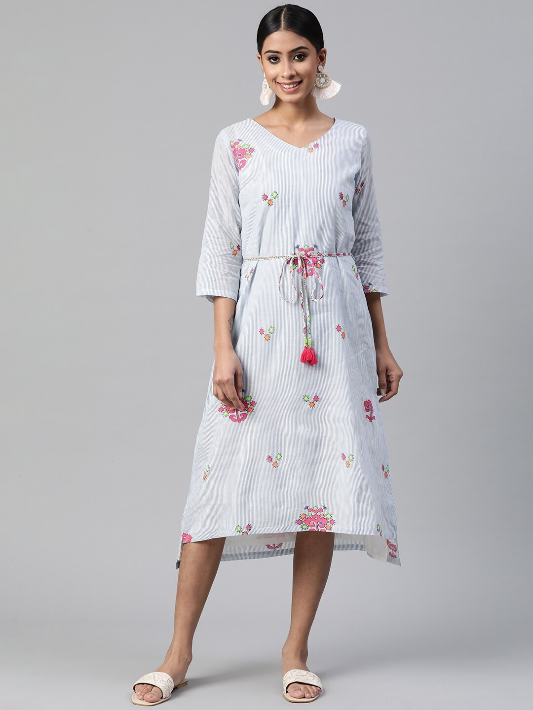 

Rangriti Women Blue & White Striped Printed Pure Cotton A-Line Midi Dress with Belt