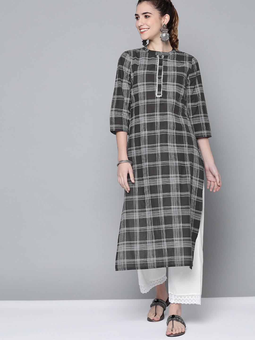 

HERE&NOW Women Black & White Checked Kurta