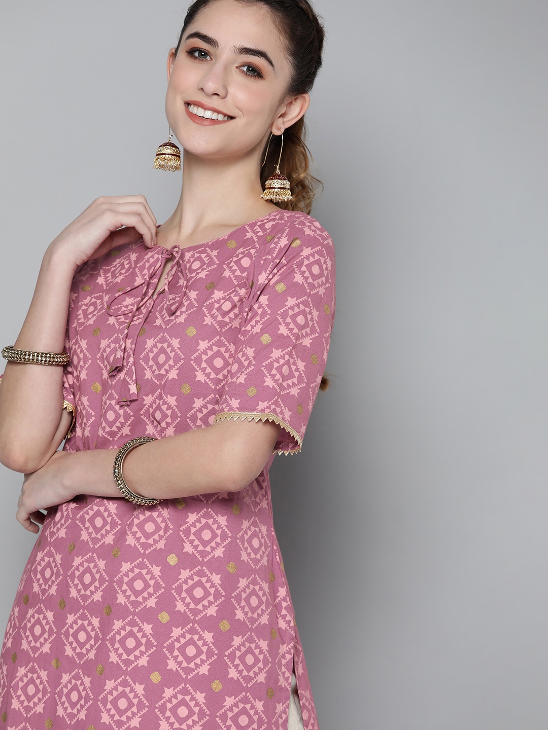

HERE&NOW Women Pink Geometric Printed Kurta