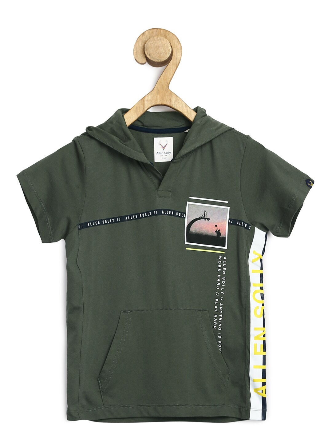 

Allen Solly Junior Boys Olive Green Typography Printed Pockets T-shirt