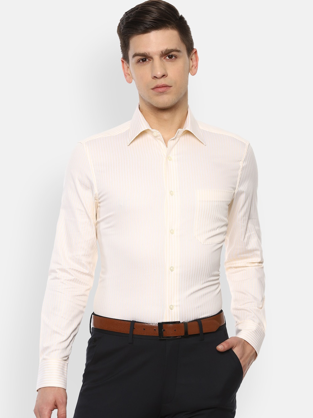 

Louis Philippe Men Cream-Coloured & Beige Opaque Striped Pure Cotton Formal Shirt