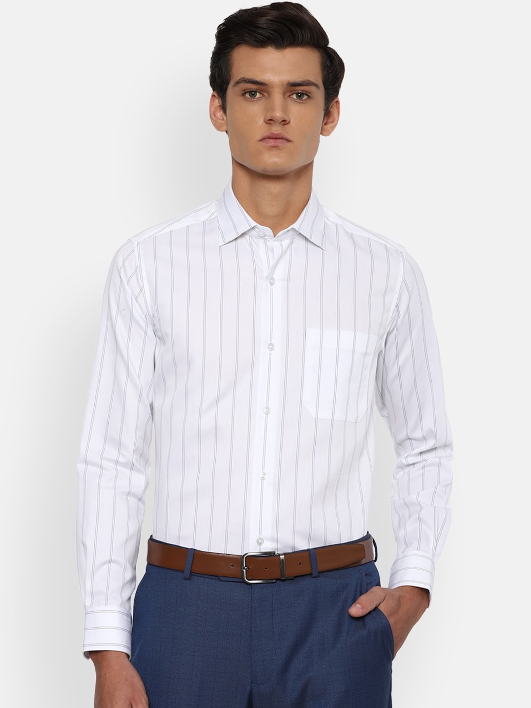 

Louis Philippe Men White & Black Opaque Striped Pure Cotton Formal Shirt