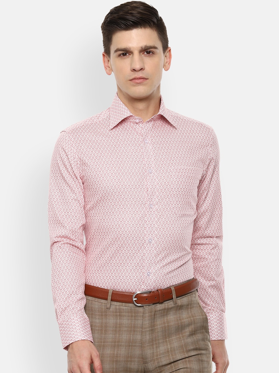

Louis Philippe Men Pink & White Opaque Printed Pure Cotton Formal Shirt