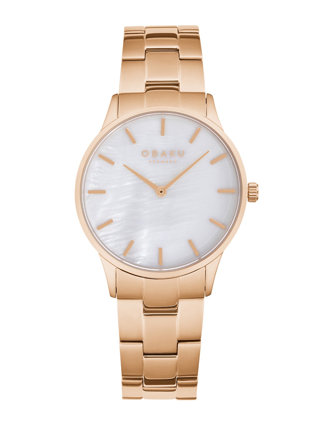 

Obaku Women White Brass Embellished Dial & Rose Gold Toned Stainless Steel Bracelet Style Straps Analogue Watch