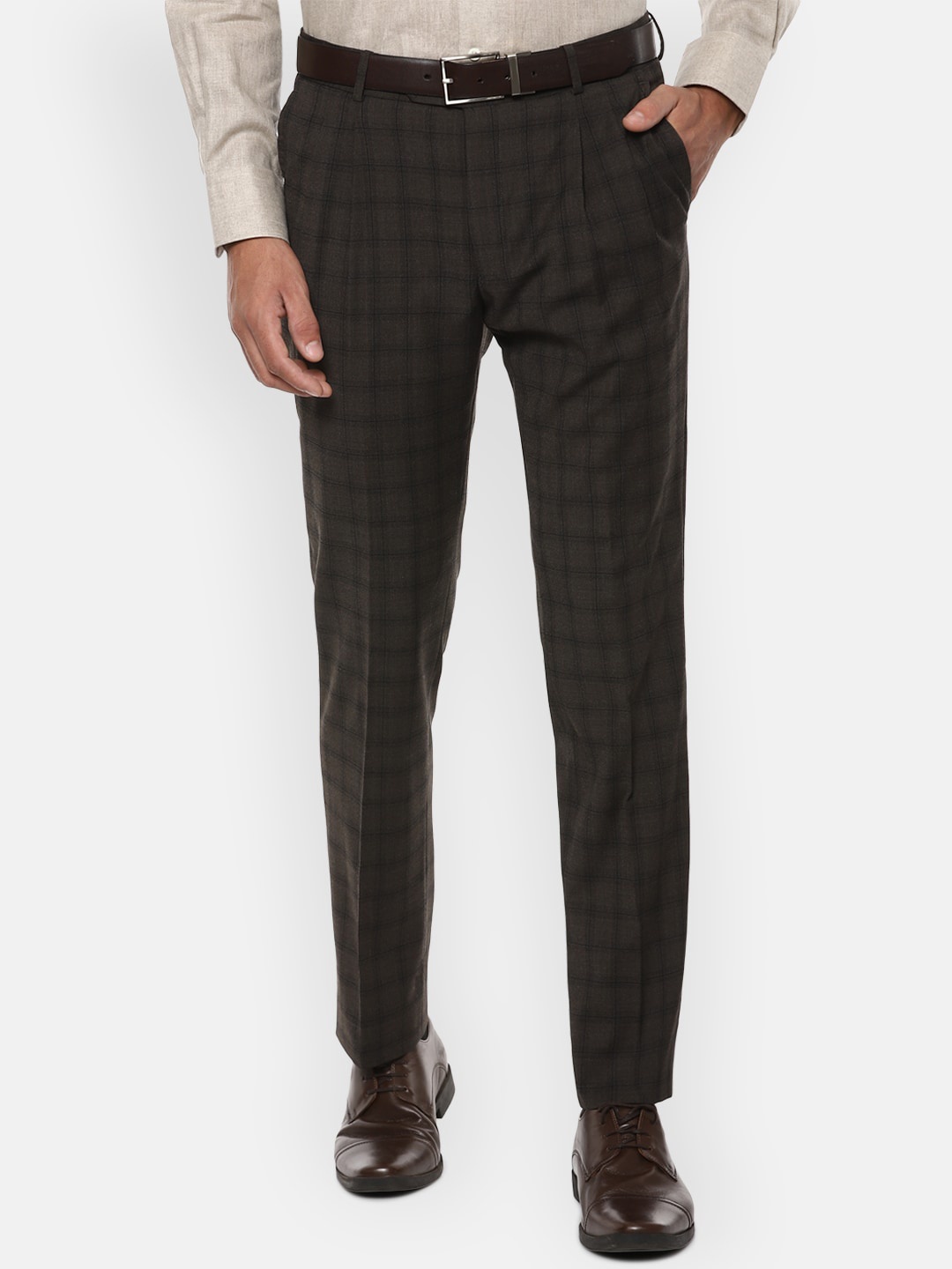 

Luxure by Louis Philippe Men Taupe Checked Slim Fit Formal Trousers