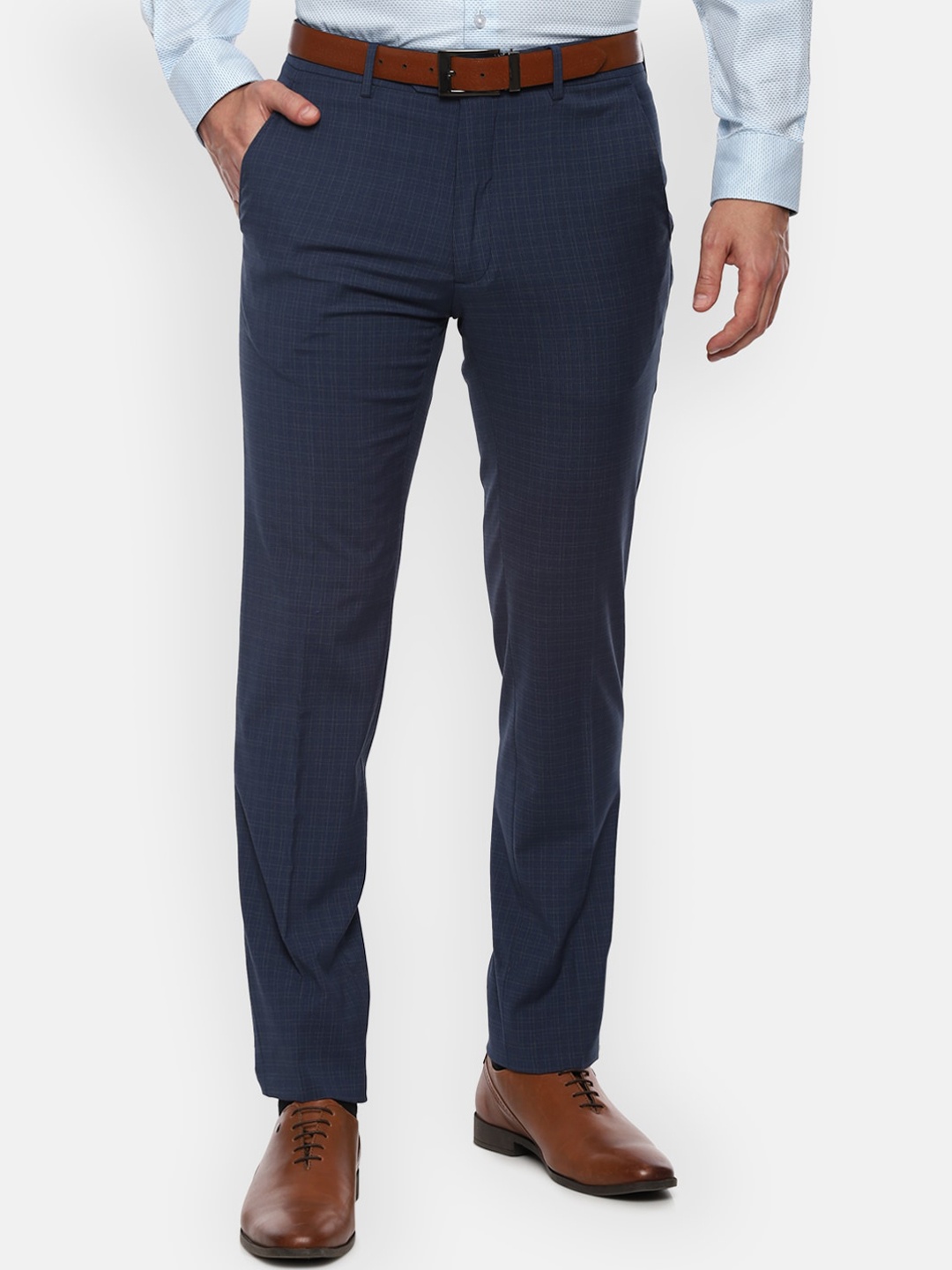 

Van Heusen Men Navy Blue Checked Slim Fit Formal Trousers