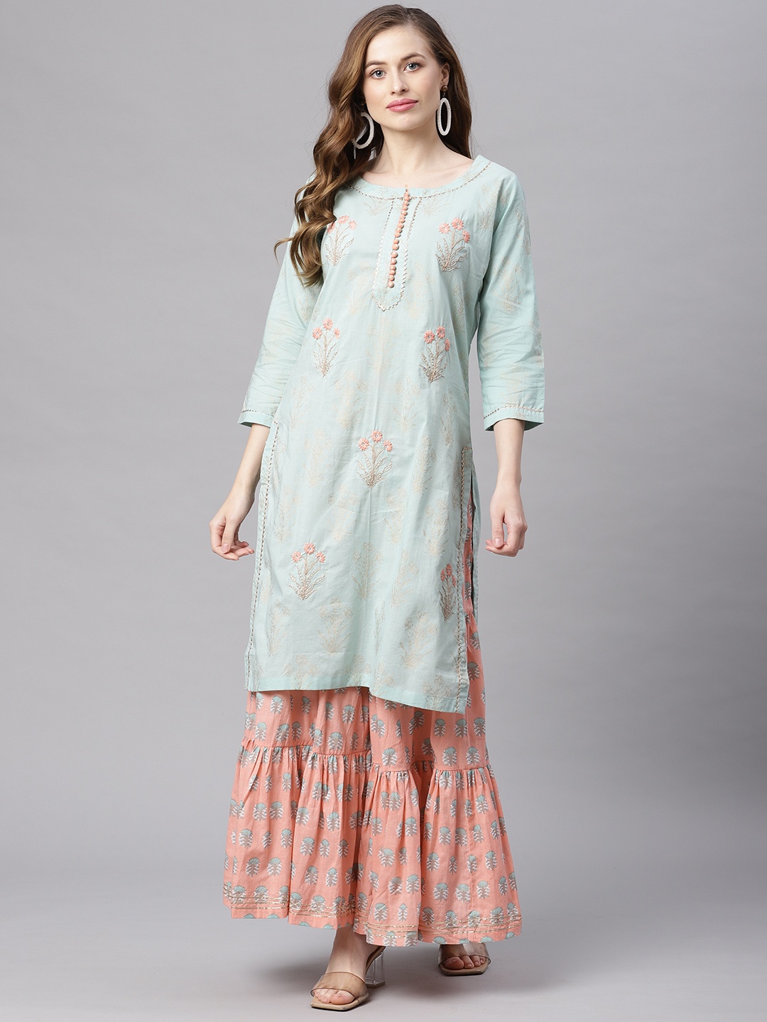 

Divena Women Sea Green Ethnic Motifs Printed Regular Pure Cotton Kurta with Sharara