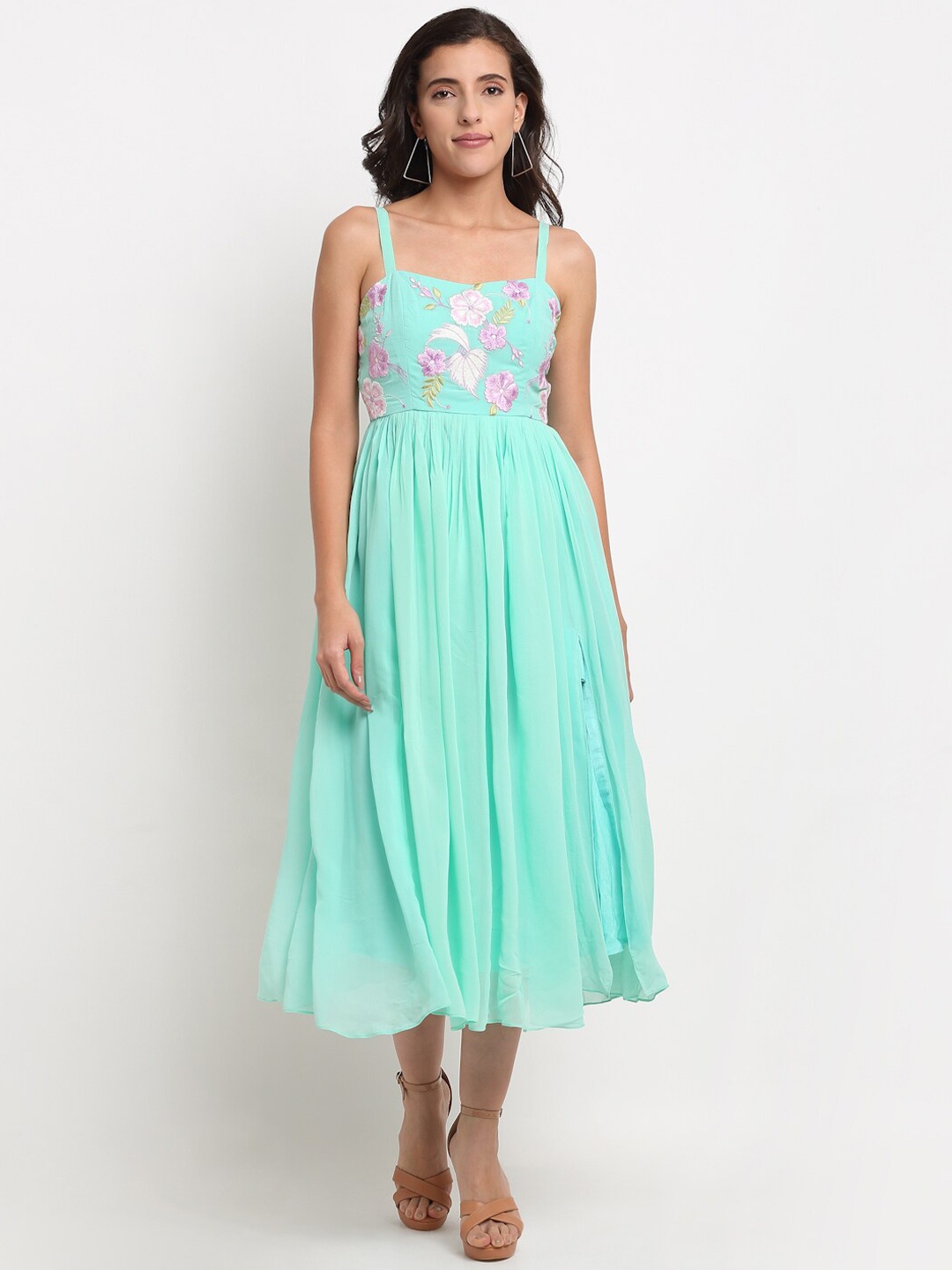 

ewoke Turquoise Blue & Purple Floral Embroidered Georgette Midi Dress