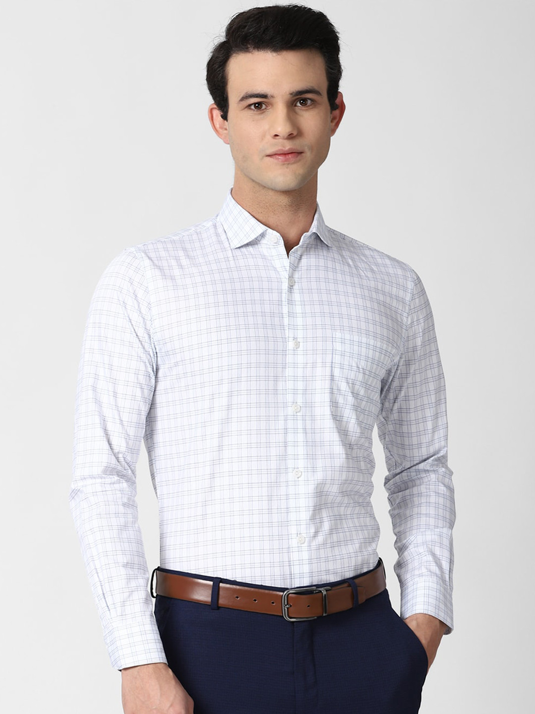 

Peter England Elite Men White Slim Fit Grid Tattersall Checks Opaque Checked Formal Shirt