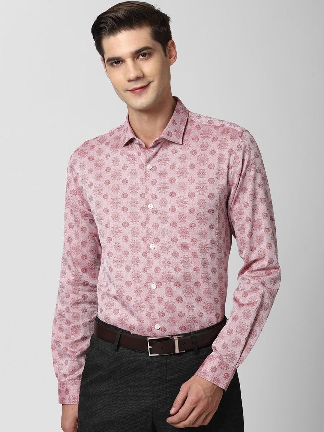

Peter England Elite Men Pink Slim Fit Opaque Printed Pure Cotton Formal Shirt
