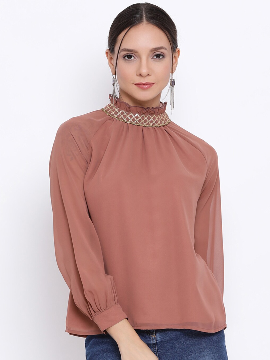 

DRAAX Fashions Brown Solid Embellished Top