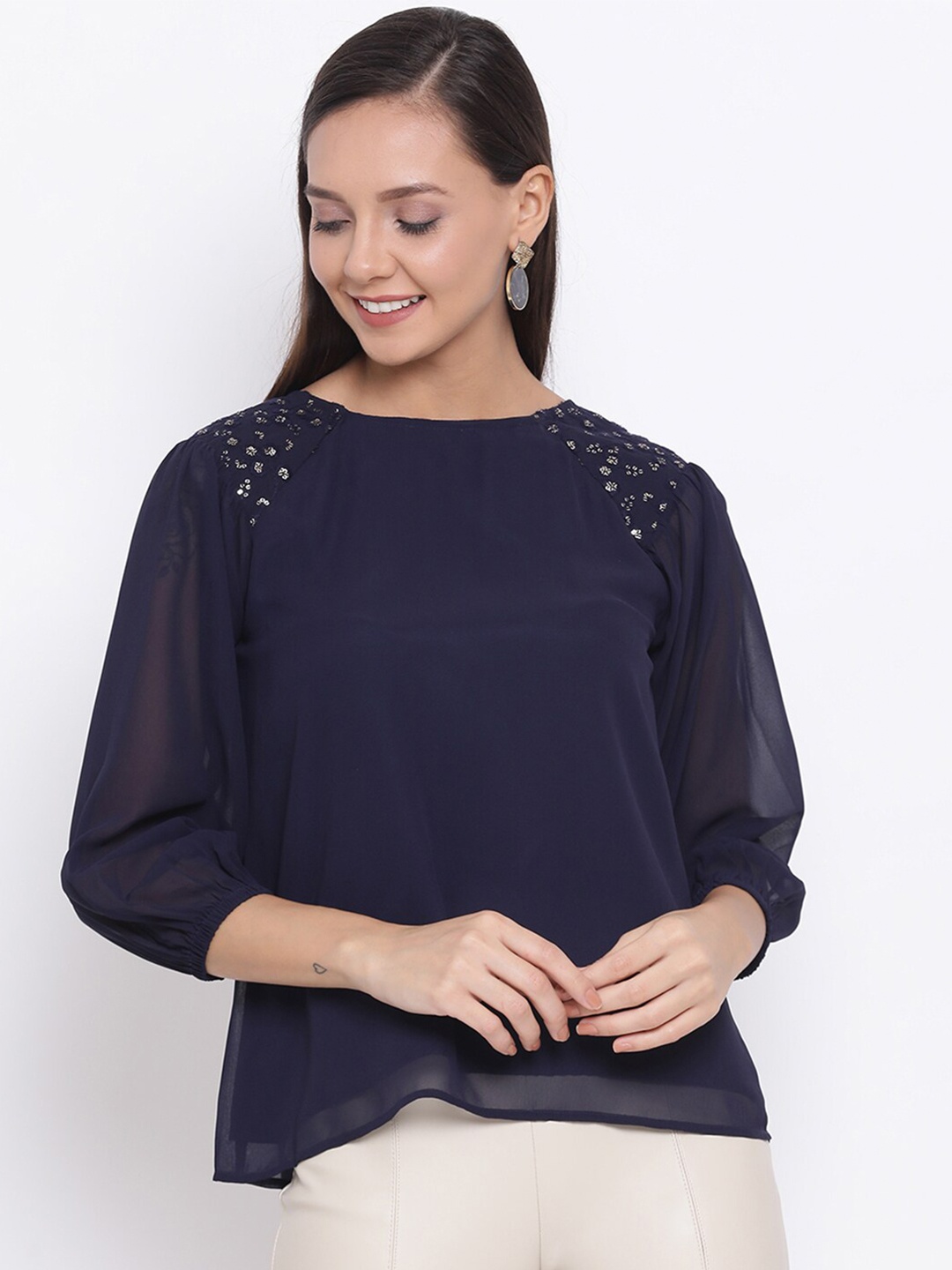 

DRAAX FASHIONS Women Navy Blue Embellished A-Line Top
