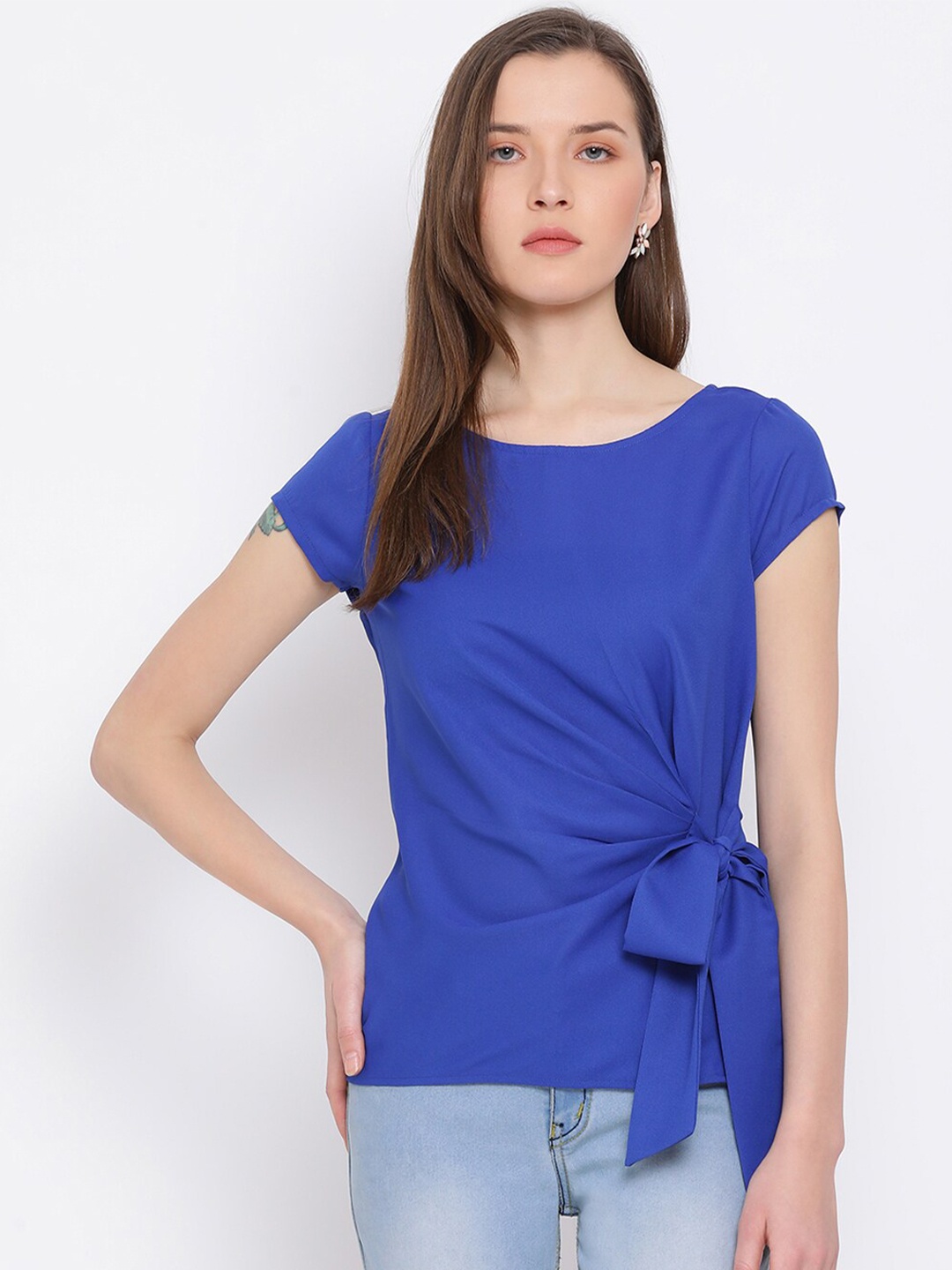

DRAAX Fashions Women Blue Solid Round Neck Cinched Waist Top
