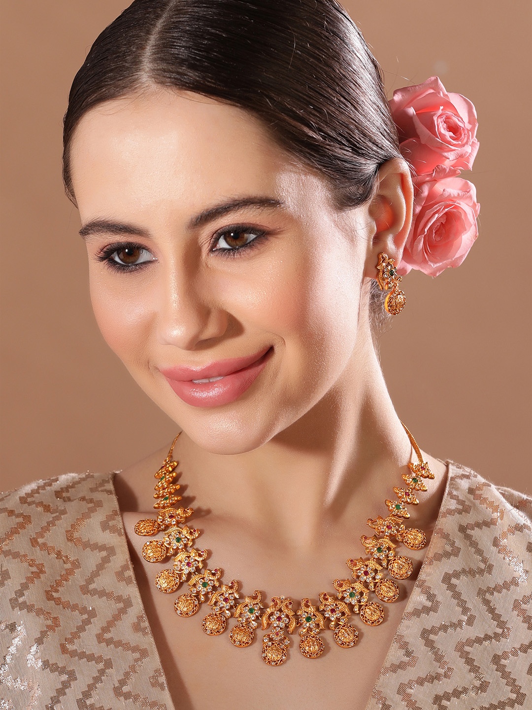 

Rubans Green Gold Plated CZ Studded Floral Jewellery Set