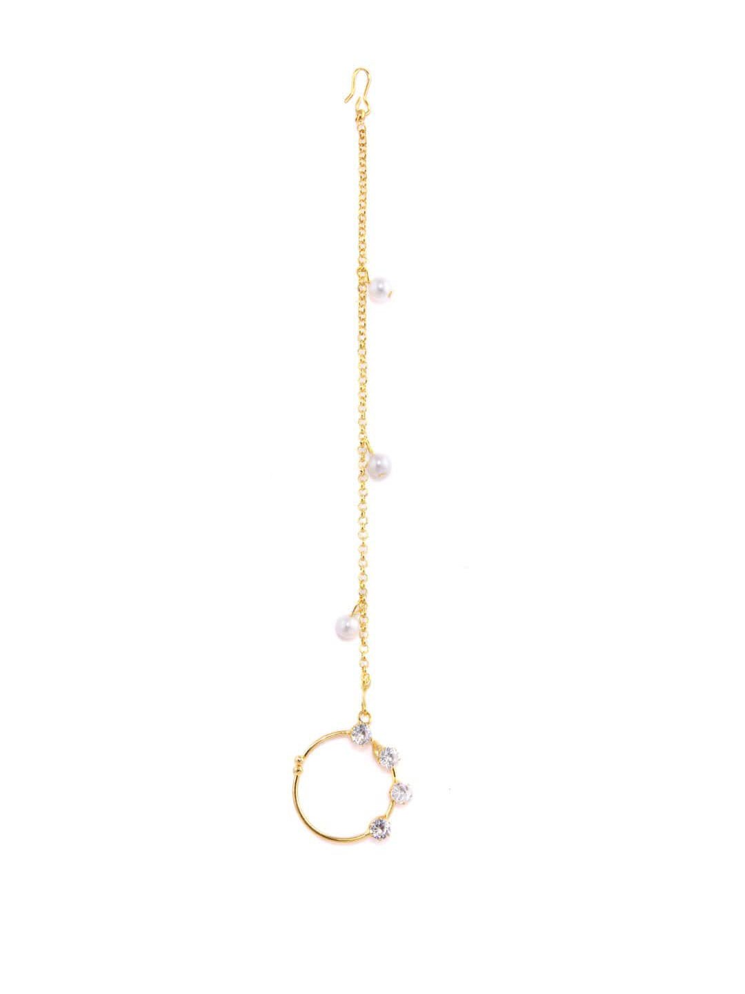 

Rubans Women Gold-Plated & White CZ Studded & Pearl Beaded Nose Ring with Chain
