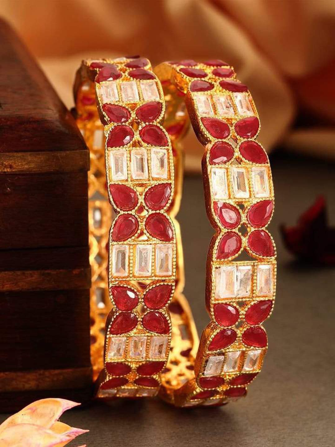 

Rubans Set Of 2 24K Gold-Plated Red & White Stone Studded Handcrafted Bangles