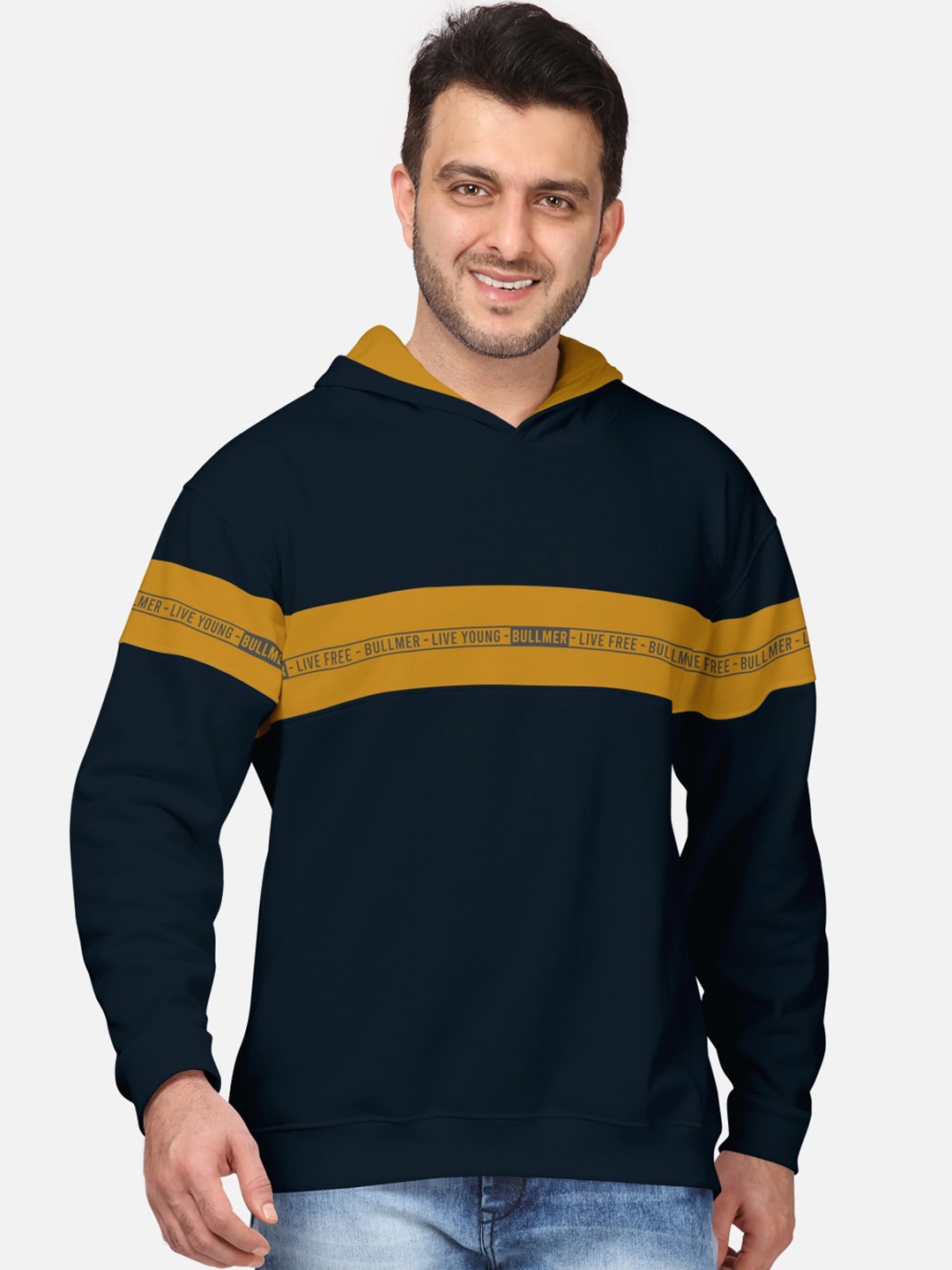 

BULLMER Men Navy Blue Colourblocked Fleece Hooded Sweatshirt