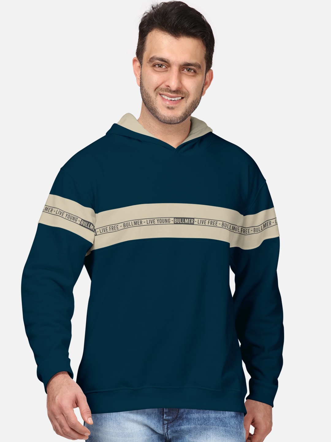 

BULLMER Men Blue Printed Hooded Sweatshirt, Teal