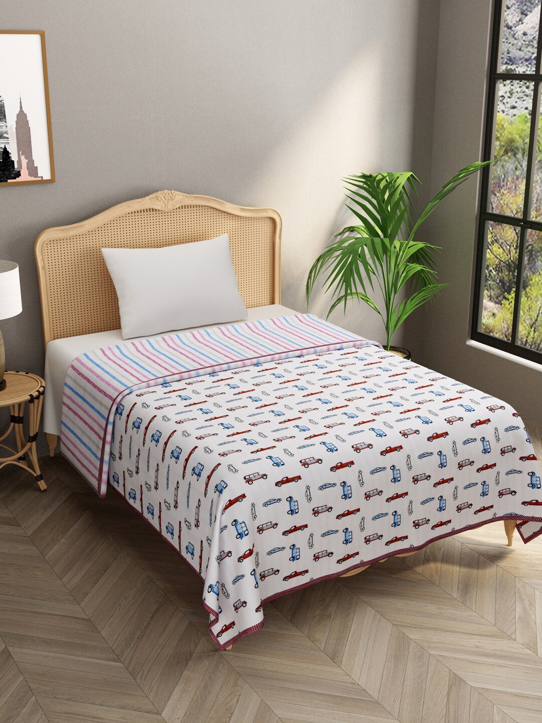 

Gulaab Jaipur White & Blue Cotton Cartoon Characters AC Room 450 GSM Single Bed Dohar