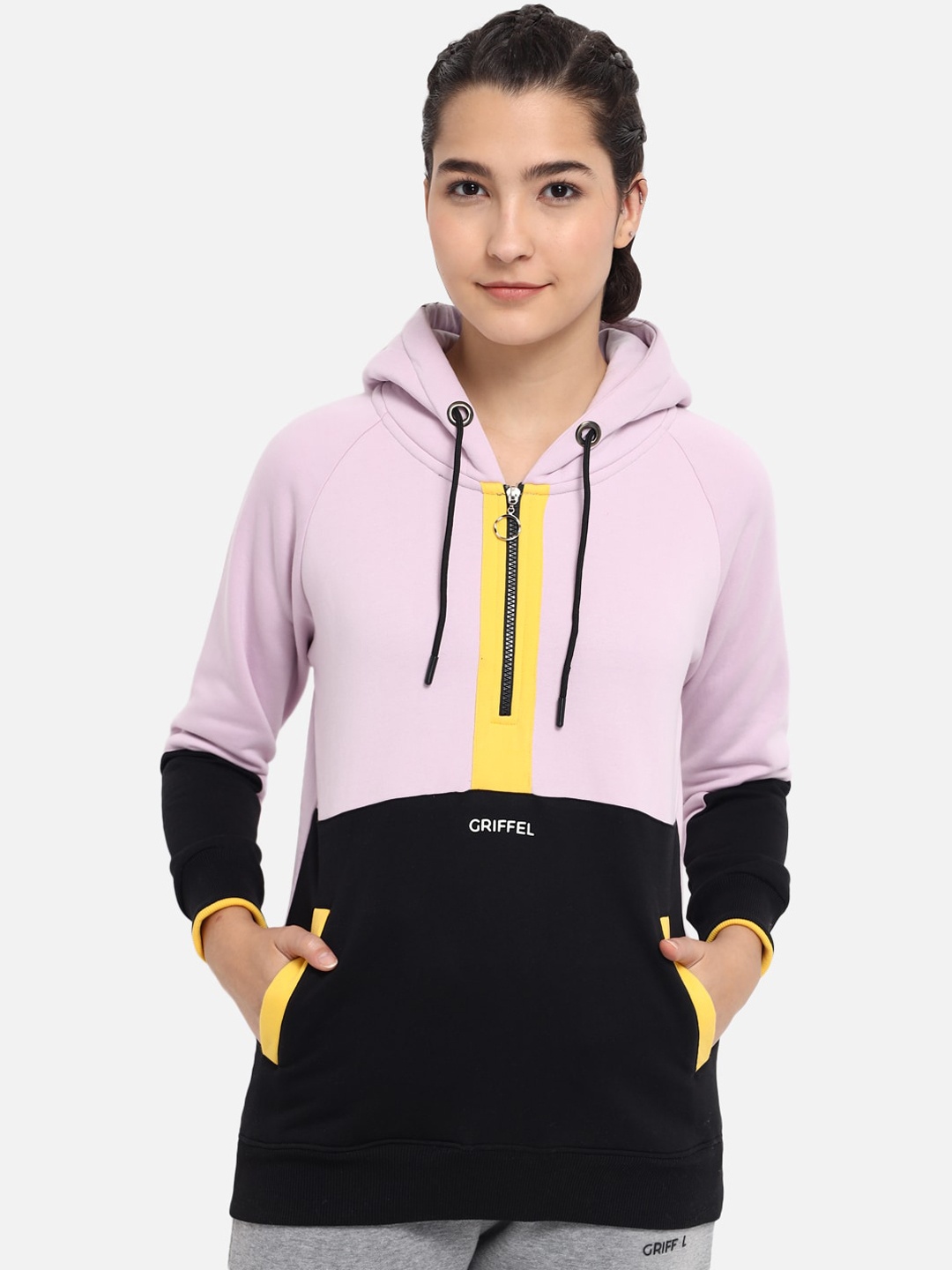 

GRIFFEL Women Purple Colourblocked Hooded Sweatshirt