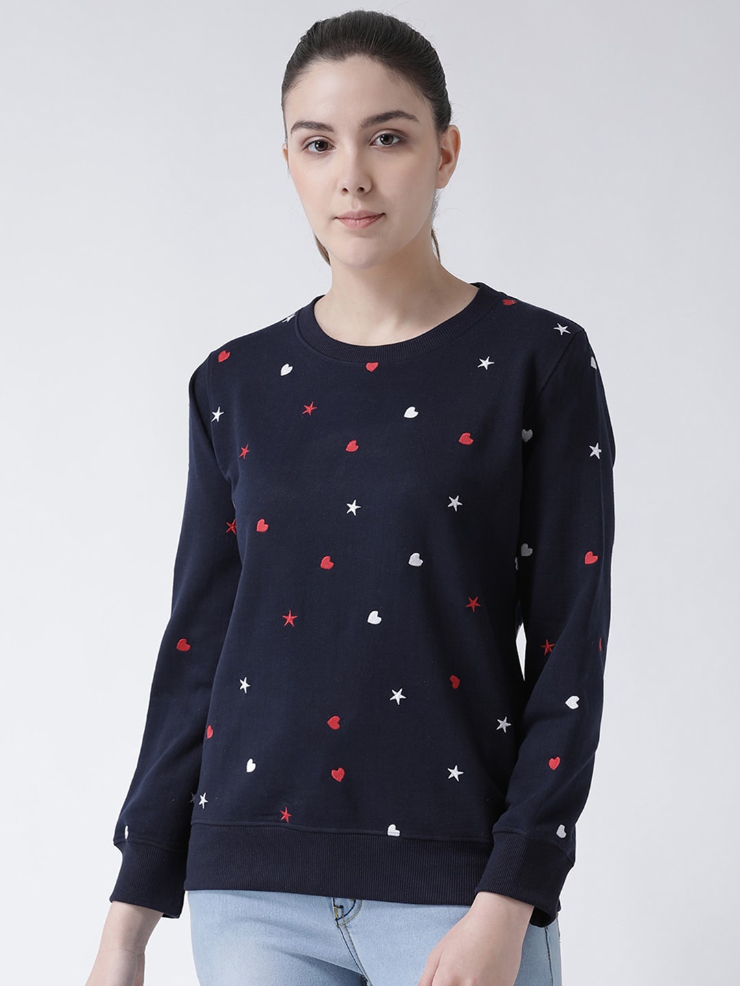 

GRIFFEL Women Navy Blue Fleece Printed Sweatshirt