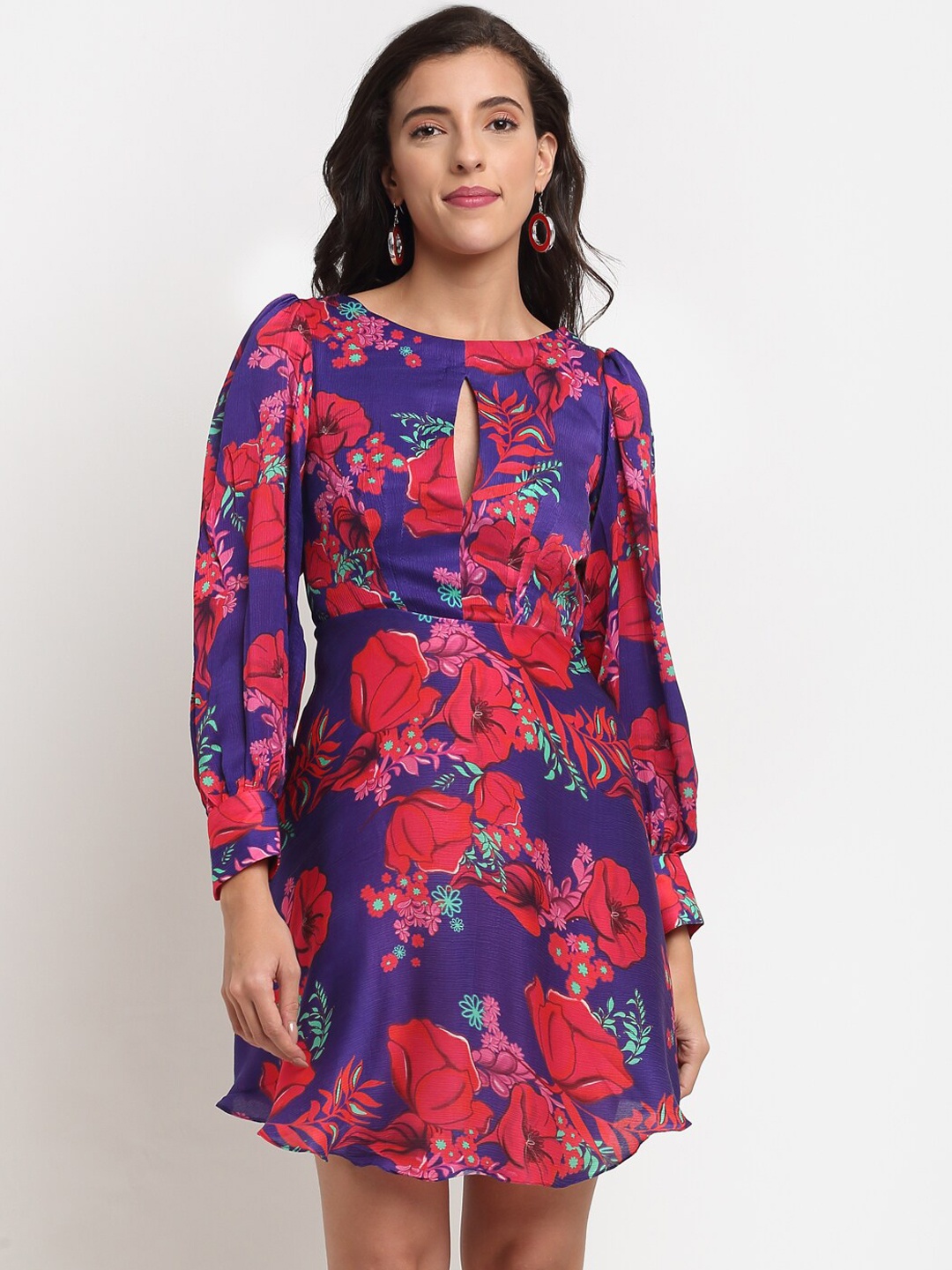 

ewoke Violet & Red Floral Keyhole Neck Chiffon Dress