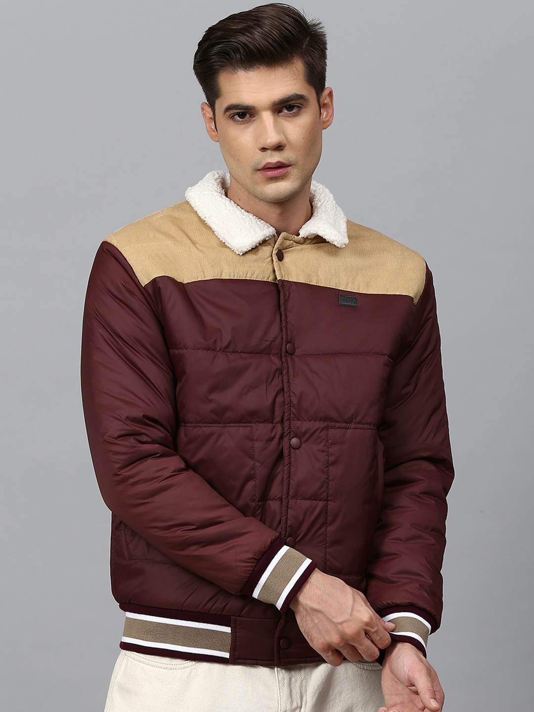 

Campus Sutra Men Maroon Beige Colourblocked Windcheater Padded Jacket