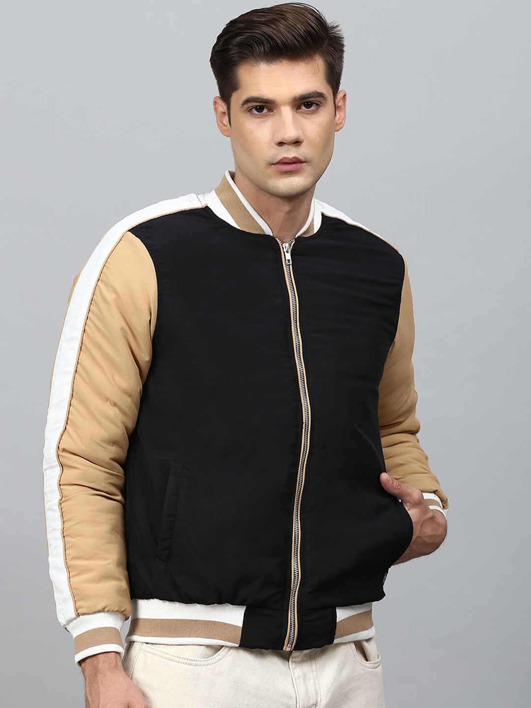 

Campus Sutra Men Black Beige Windcheater Outdoor Bomber Jacket