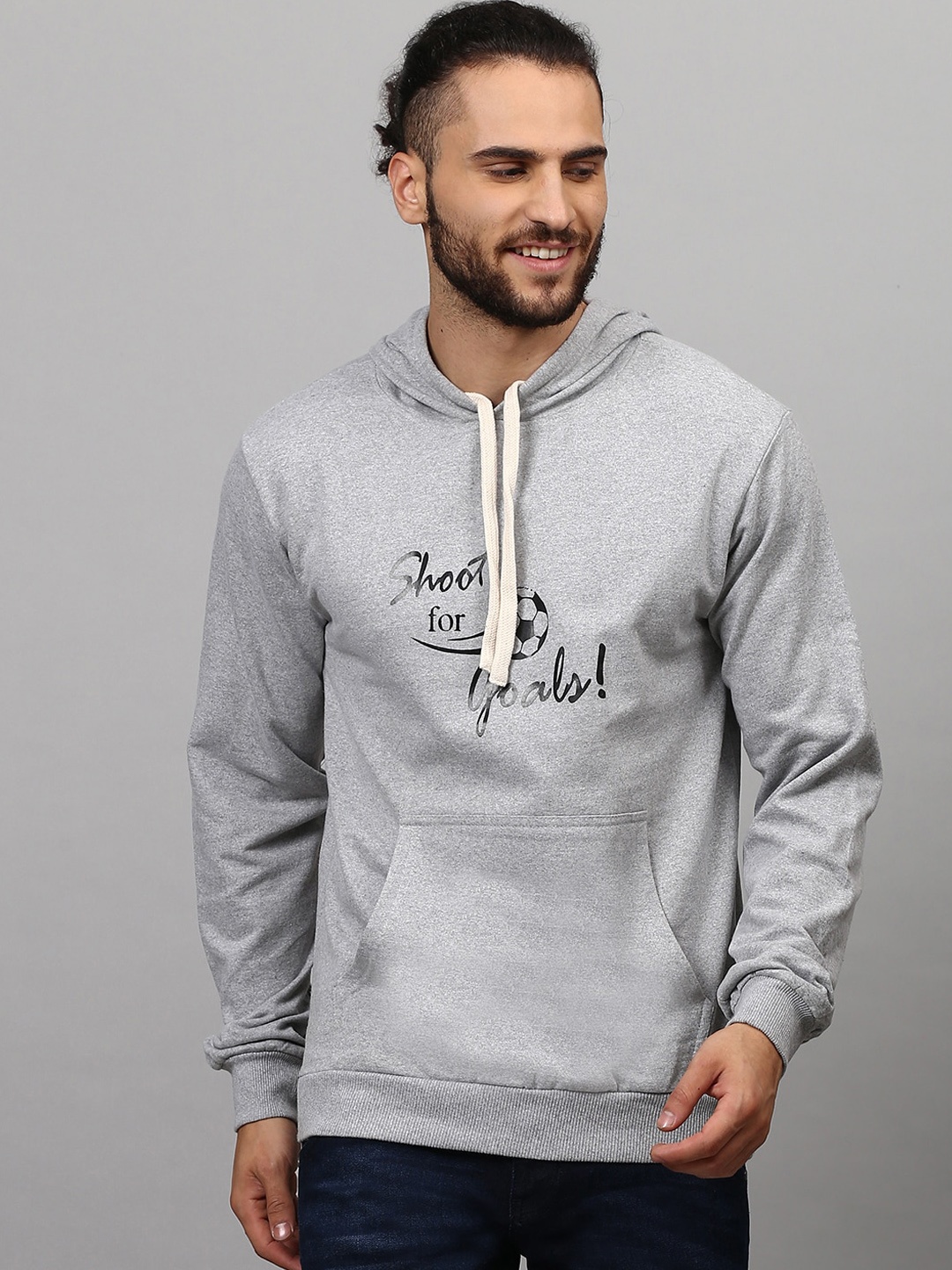 

Campus Sutra Men Grey Printed Hooded Sweatshirt